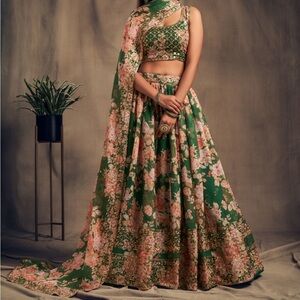 Stunning Green Organza Zari And Sequins Floral Wedding Lehenga Choli For Women